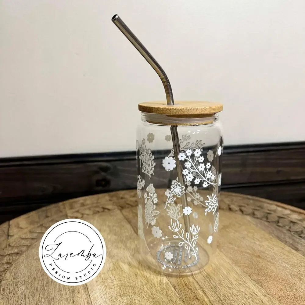 White Floral Libbey Cup, Minimalist Flowers Beer Can Glass, Nature, Spring